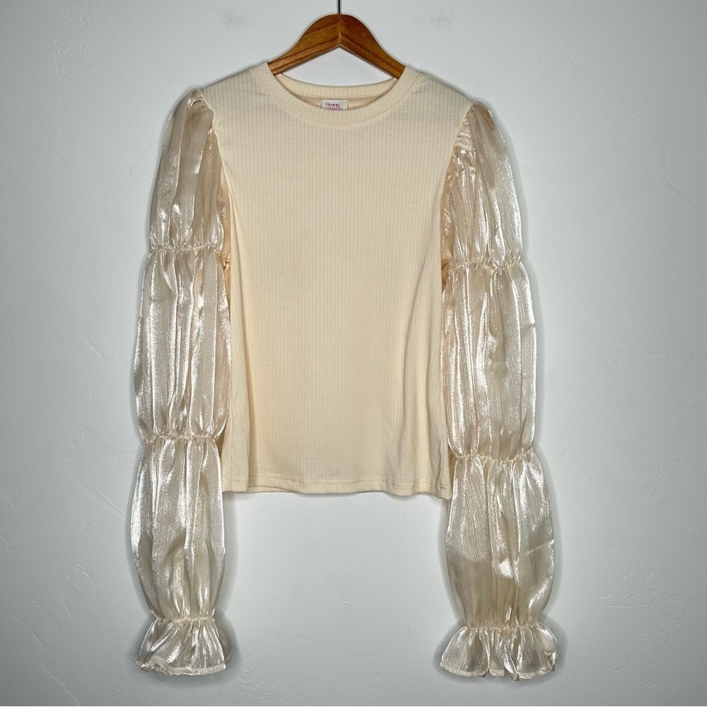 Peony Pastels‎ Cream Ribbed Blouse with Sheer Puff Sleeves Size Large Spring